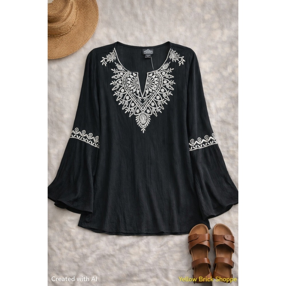 Angie Black Tunic with White Embroidered V-Neck